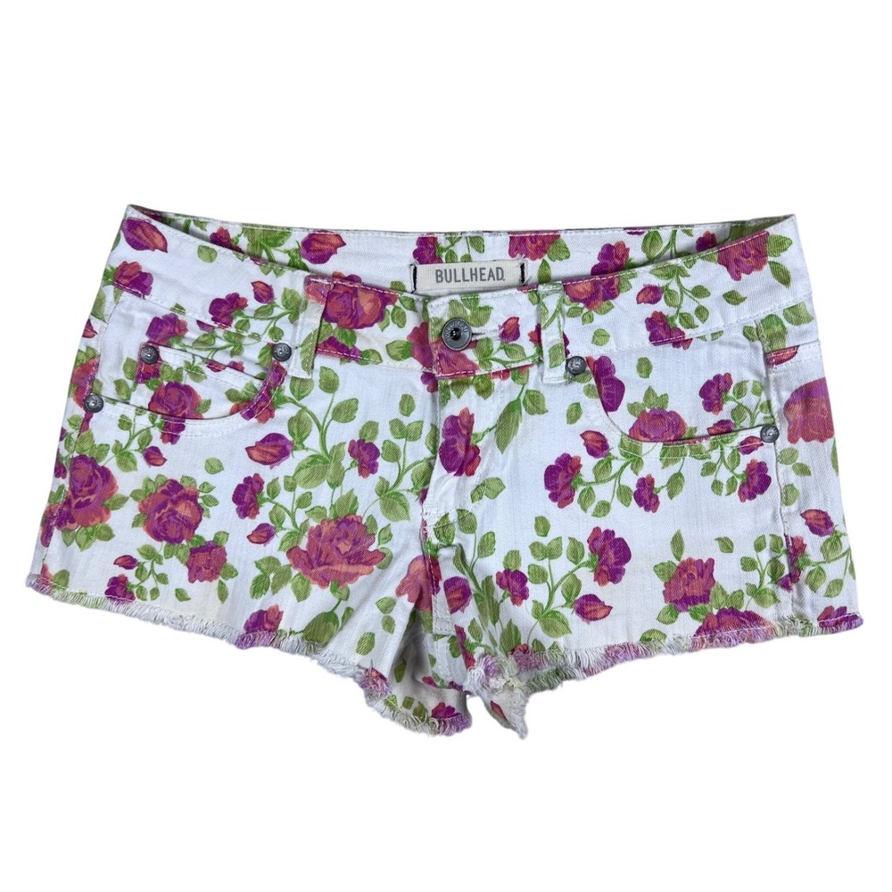 BOHO Bullhead Denim Shorts 5 Floral Print Festival Jean Shorts Cut-off FRINGE